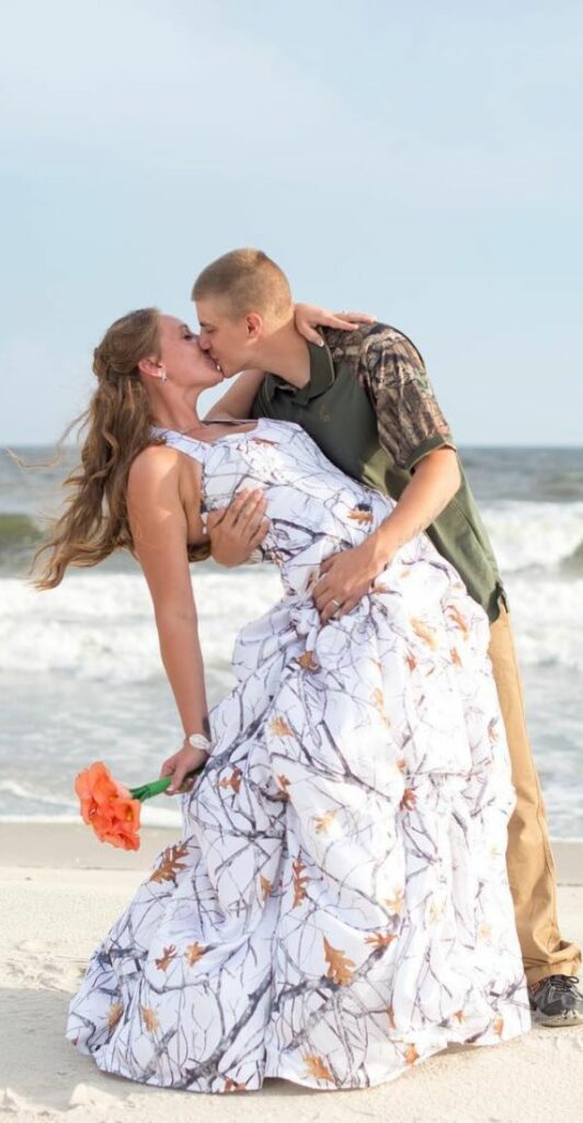 This unique white camo wedding dress is gorgeous What a lovely couple who enjoy being themselves and so it should be