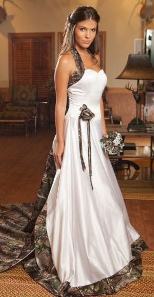 This white camo wedding dress is blended to perfection and it goes great with a country wedding.
