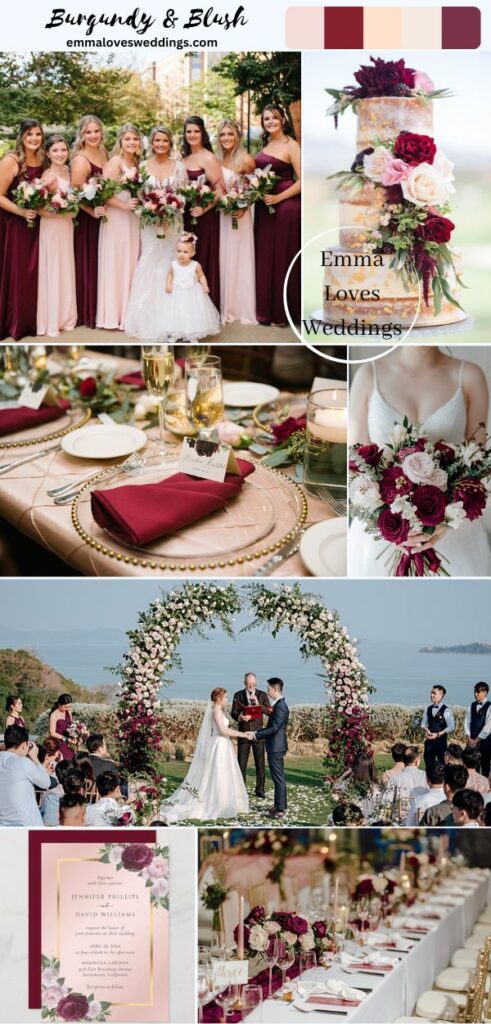 Use burgundy as the base of your spring wedding colors then pair it with a dramatic vivid blush pink.