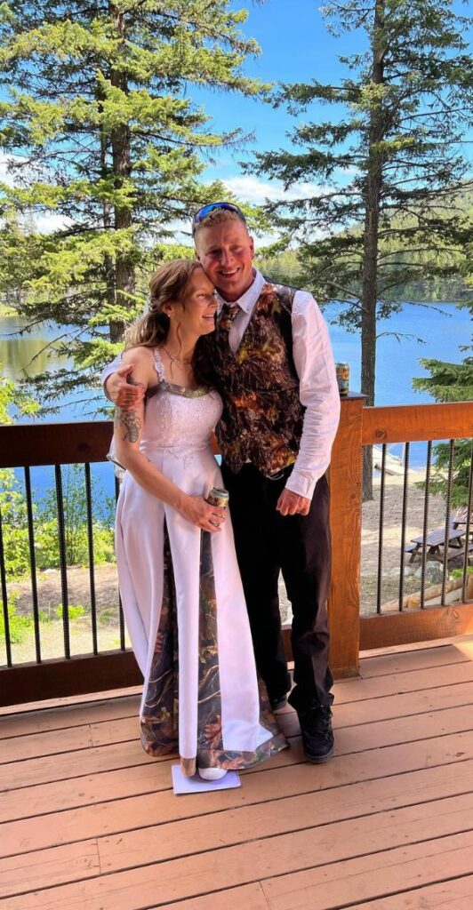 Wedding dreams come true when the bride and groom wear this country style camo dress.
