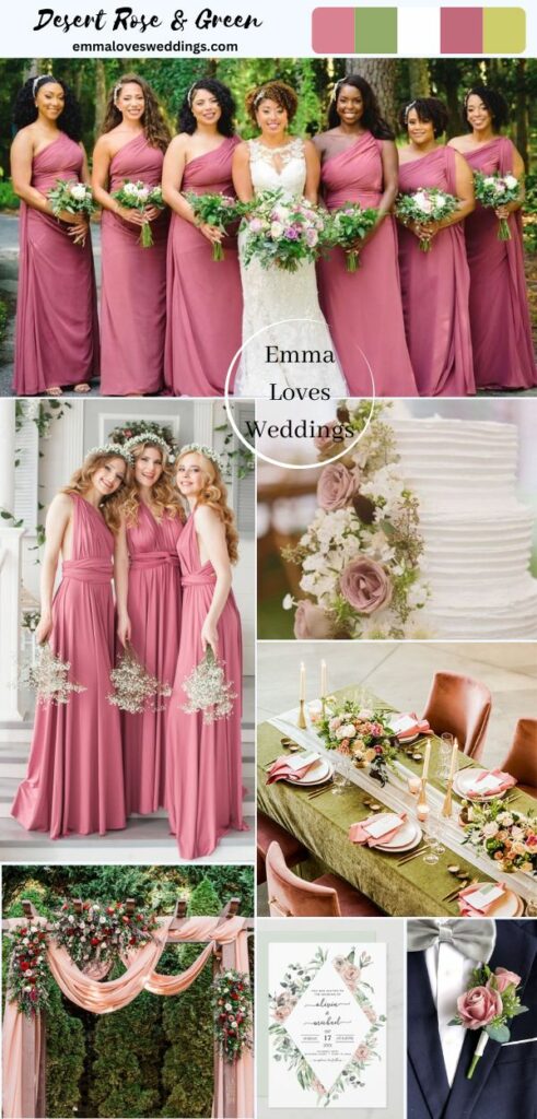 When combined with natural green, the color desert rose creates a beautiful palette for a spring wedding.