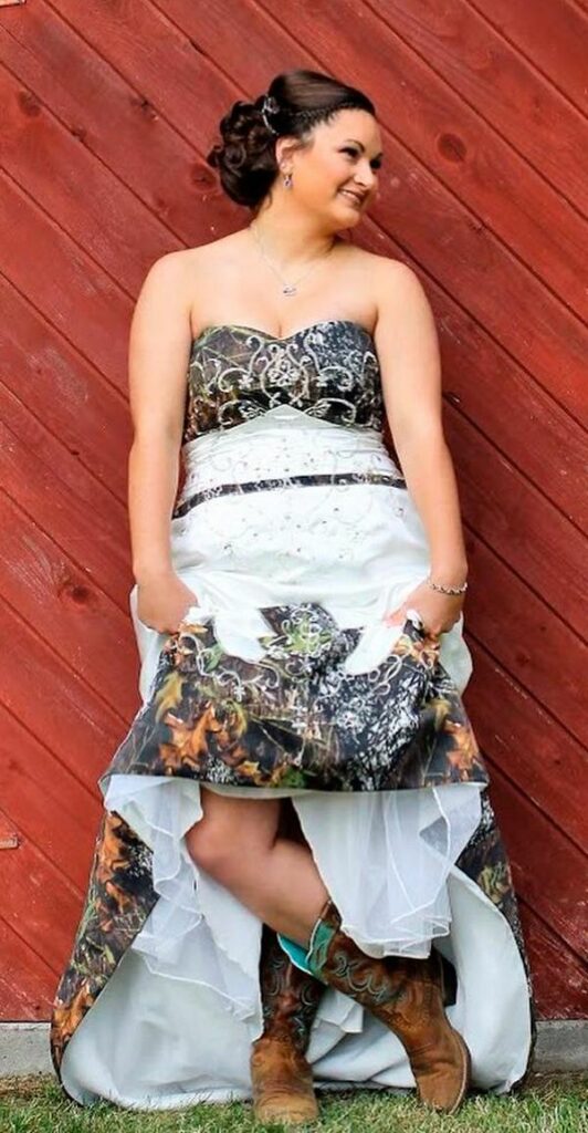 When it comes to plus size brides a camo wedding dress pairs wonderfully with leather boots.