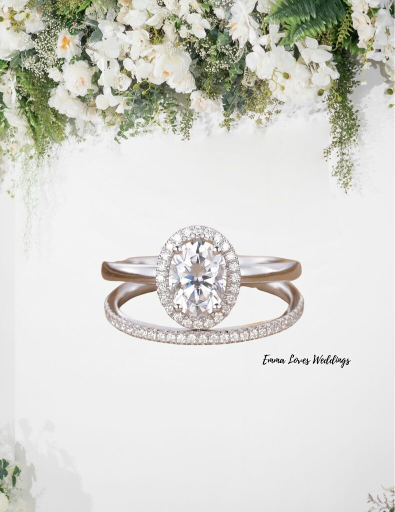 White gold oval cut halo engagement ring with a moissanite stone is ideal for pairing with a wedding band.