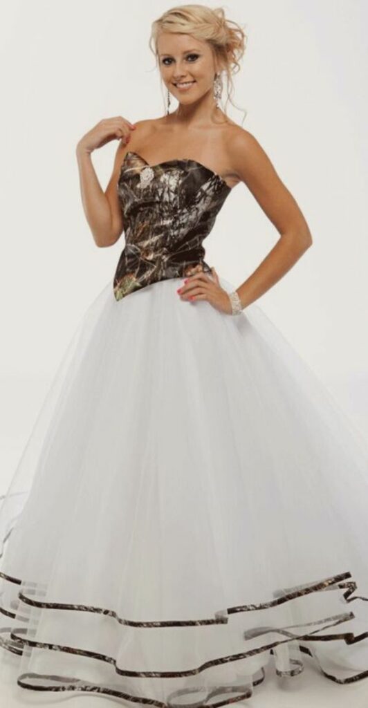 wedding dress with a sweetheart neckline and camouflage pattern white with net.