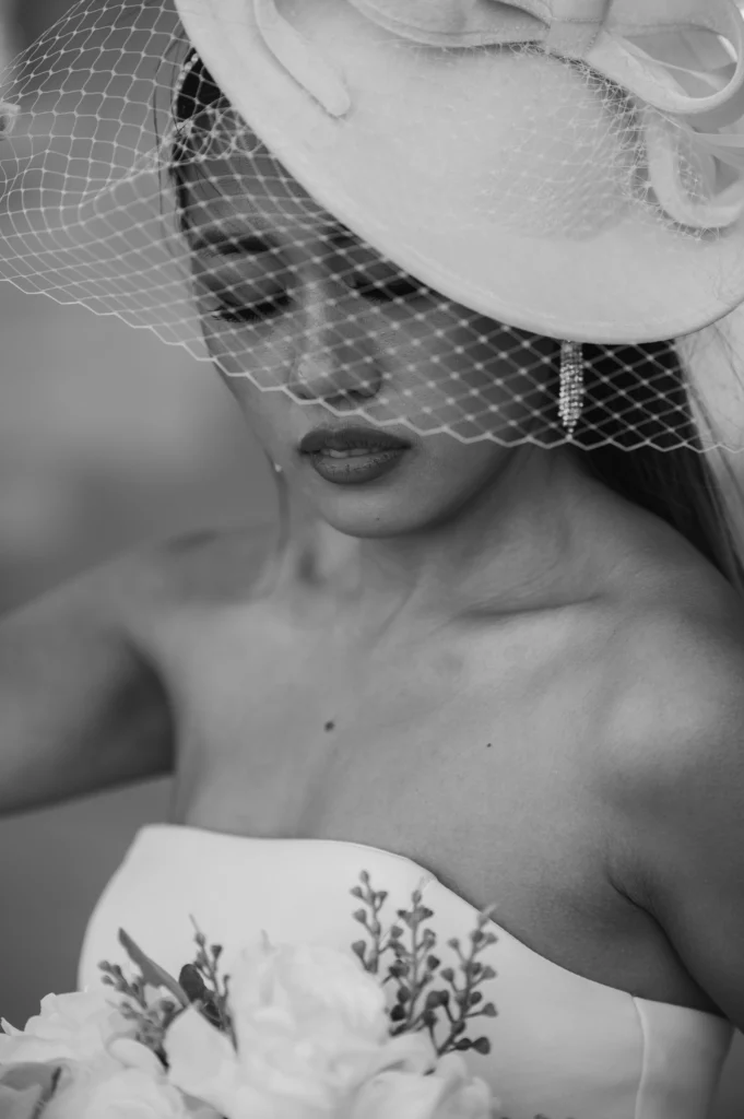 A black and white close up bridal portrait looks incredibly elegant.