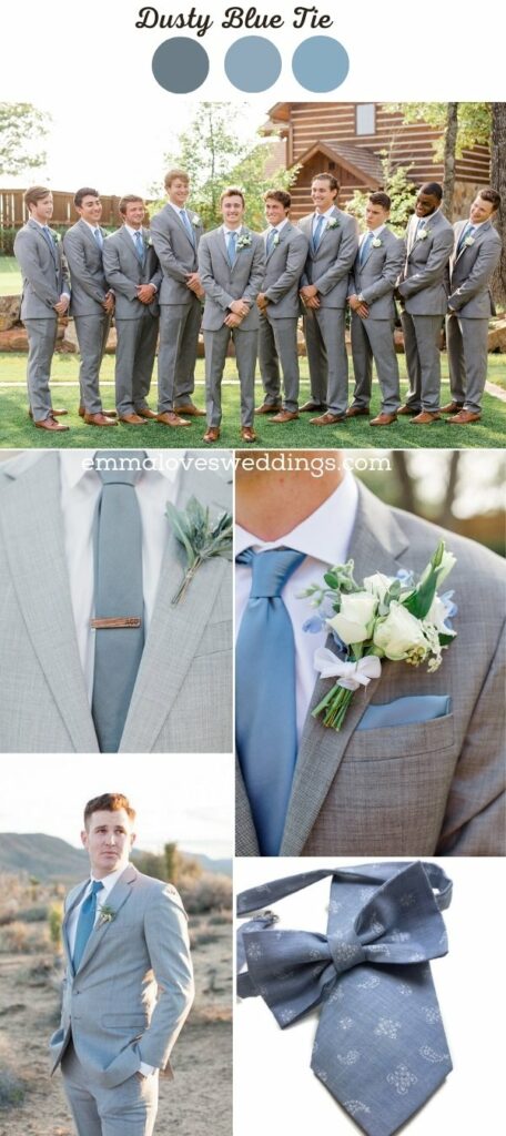 A dusty blue tie is a stylish and sophisticated accessory that can add a touch of elegance to any groom or groomsman outfit.