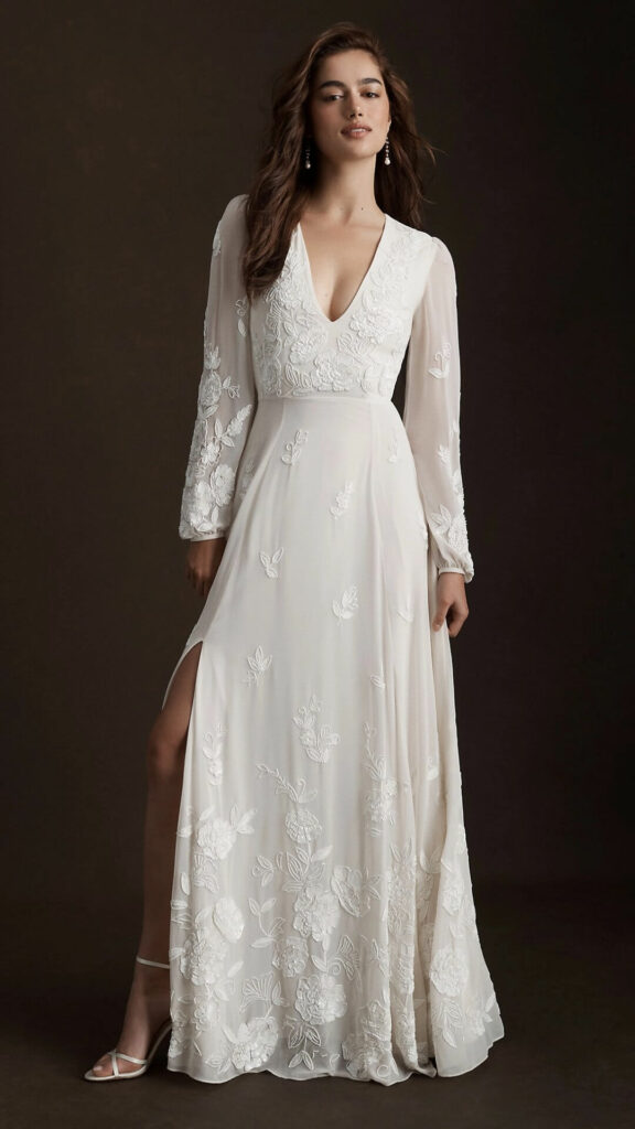 A line wedding dress with Long sleeves minimal volume and a plunging neckline strikes the ideal balance between bohemian romance and sultry edge.