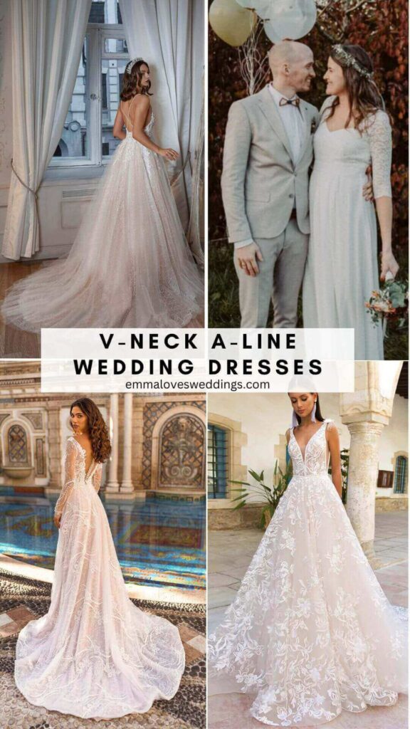 A line wedding dresses with V necks are the finest idea for church or beach weddings.
