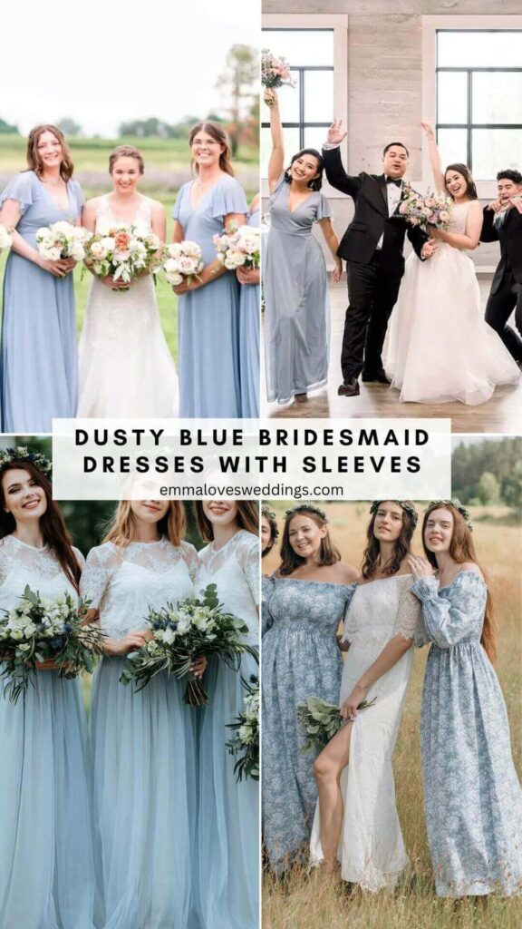 A popular and attractive idea for chilly weddings is dusty blue bridesmaid dresses with sleeves
