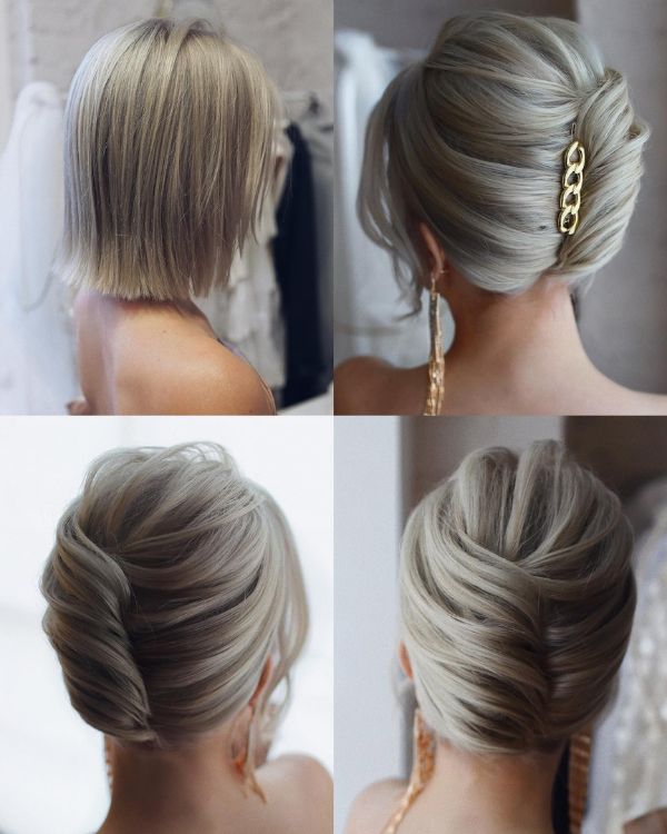 A short hair wedding hairstyle that is both simple and classy.