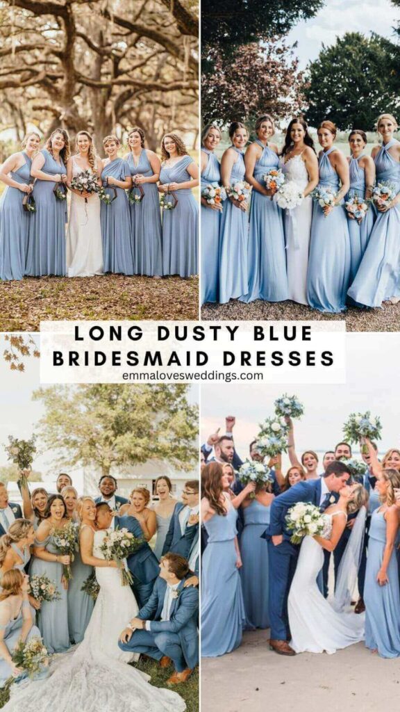 A trendy idea for an outdoor or garden wedding is a long dusty blue bridesmaid dress.