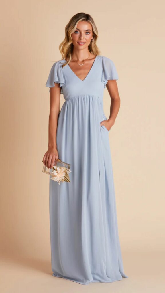 A v-necked dusty blue empire bridesmaid dress with sleeves that is comfortable to wear while having a baby.
