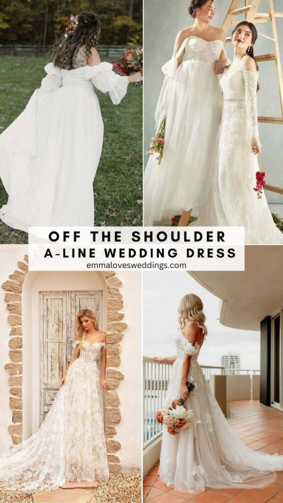 An off-the-shoulder A-line wedding dress is a chic and dreamy idea when it comes to bridal attire.