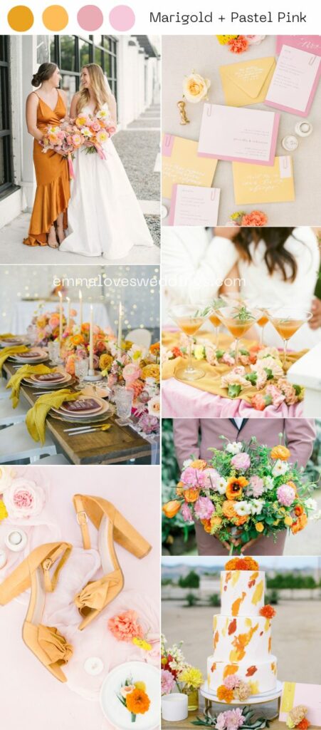 As a wedding color for the month of November, marigold yellow pairs beautifully with pink,  peaches, and other pastels.