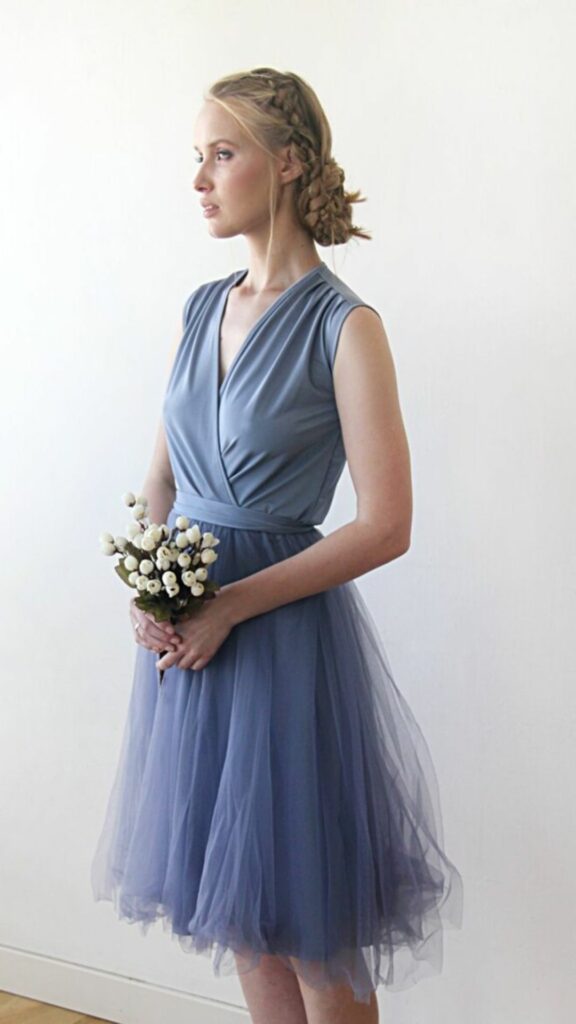 Beautiful and elegant dusty blue tulle sleeveless short bridesmaid dress in a soft fabric.
