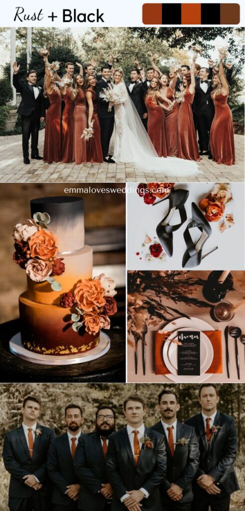 Colors like rust and black are classy options for an October wedding, especially if you're going for a boho vibe
