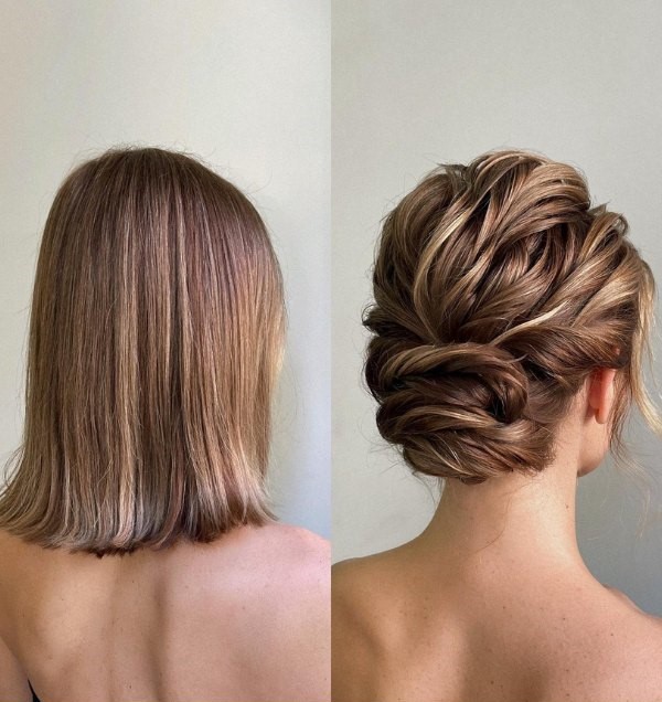 Consider this chic and simple bridal updo for short hair. The airy bun will make you look polished as well as a little mysterious.