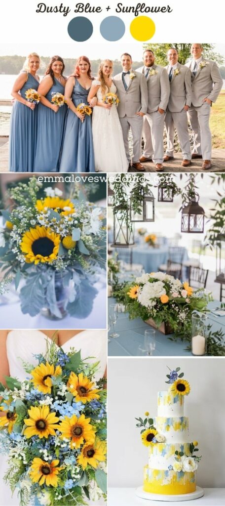 Dusty blue and sunflower wedding color ideas will help you create a dreamy rustic charm for your special day.