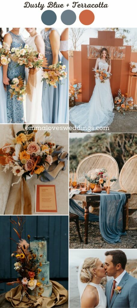 Dusty blue and terracotta make for a stunning wedding color combination that exudes a romantic and rustic charm