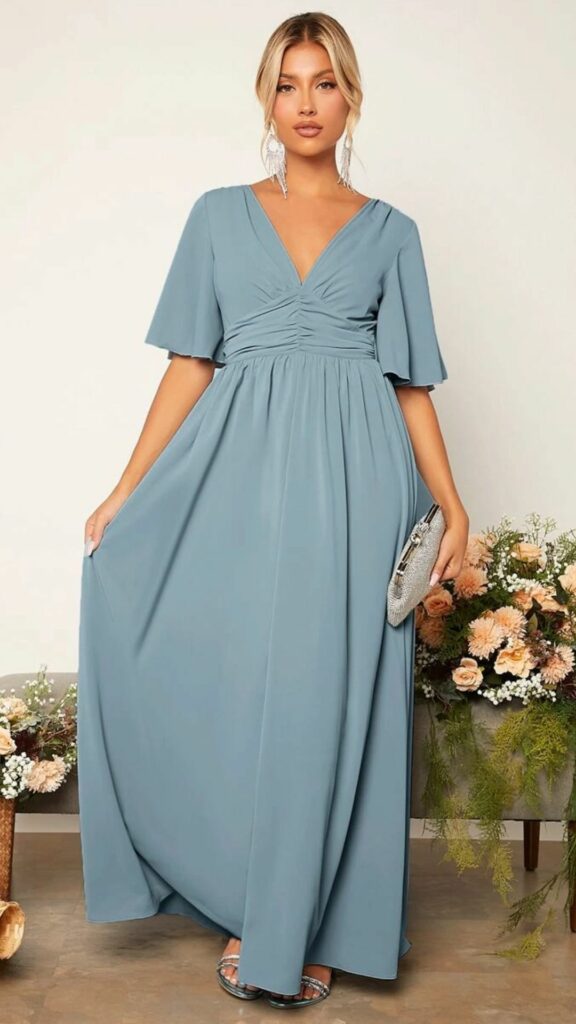 Dusty blue floor length A-line bridesmaid dress with butterfly sleeves