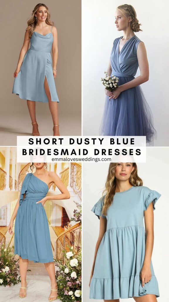 Dusty blue short bridesmaid dresses are a stylish and modern idea for a beach and garden wedding.
