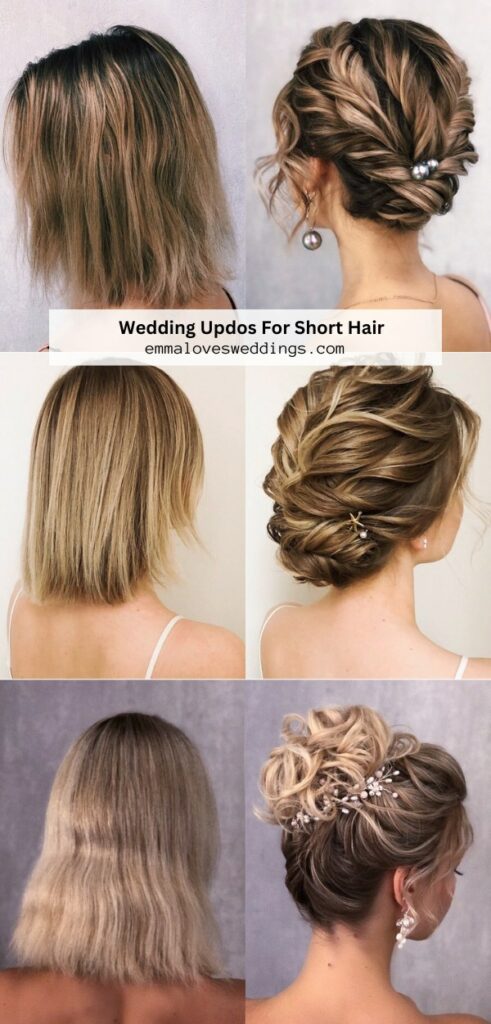 For your big day, you might want to think about a beautiful updo that works with your short hair.
