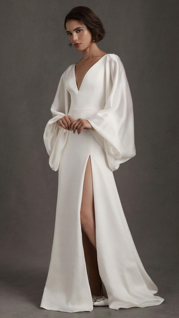 For your fairytale wedding choose an A line dress with blouson sleeves a plunging neckline a sky high front slit and beautiful accents in the back.