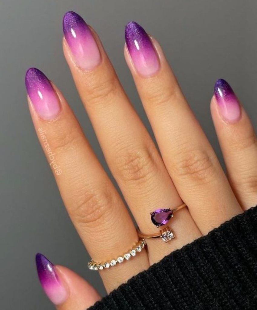 Gracefully transition from lavender to deep eggplant with a stunning purple ombre wedding nail design