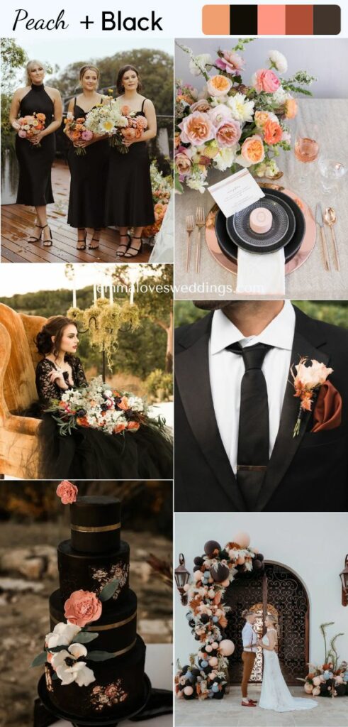 It's hard to find a more stunning color scheme for a rustic wedding than peach blossoms and black.