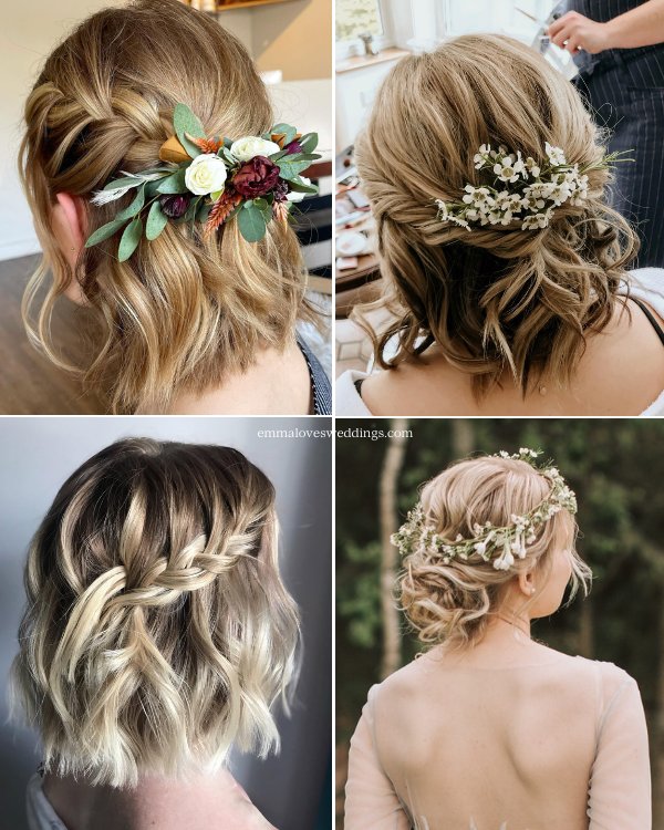 Like these stylish short-haired brides, match your hair item to your bouquet to complete your rustic wedding look.