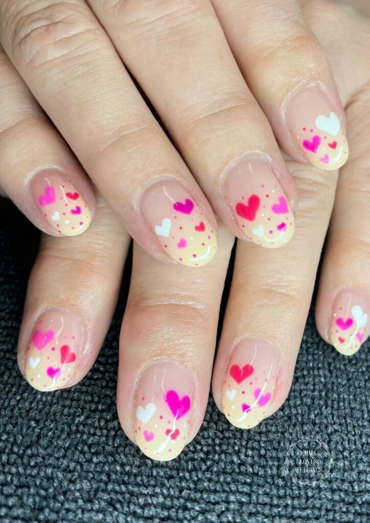 Painting hearts in pink and red on each natural nail is a classic Valentines Day nail art choice.
