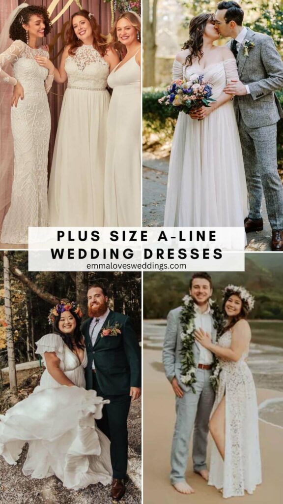 Plus size A-line wedding dresses are a smart idea for brides who want a timeless style and a flattering form that skims over the hips.
