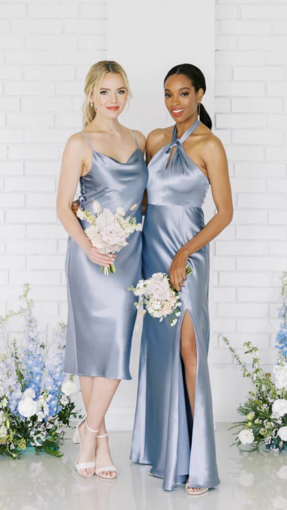 Satin a rich timeless fabric adds elegance to any bridesmaid dress.
