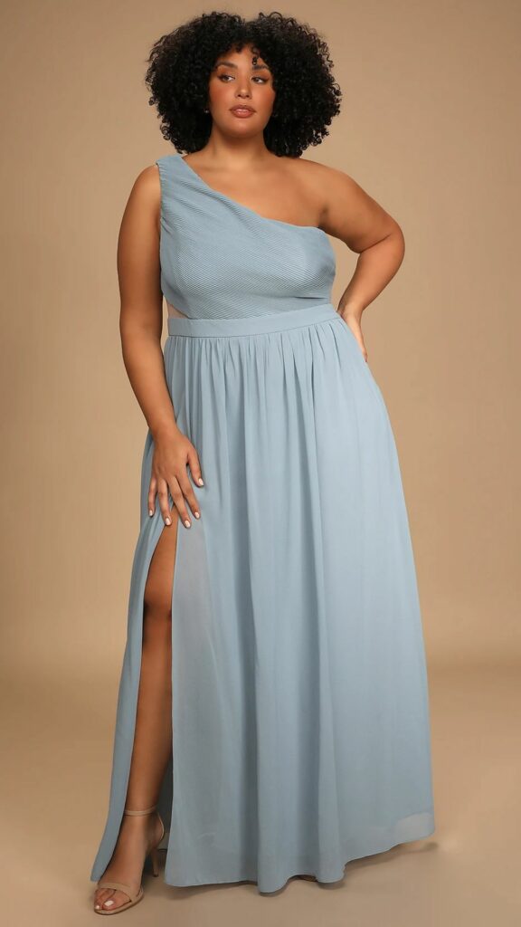 Show off your curves in this stunning one shoulder pleated plus size maxi dress in dusty blue.