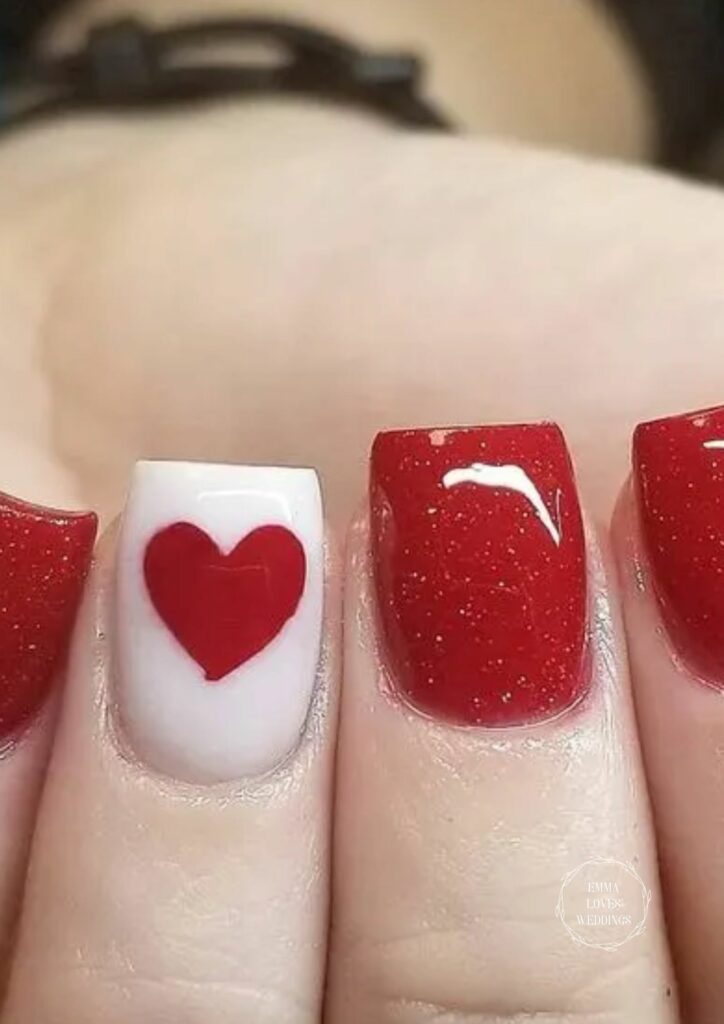 Simple and easy to do valentine nail art with red and white color