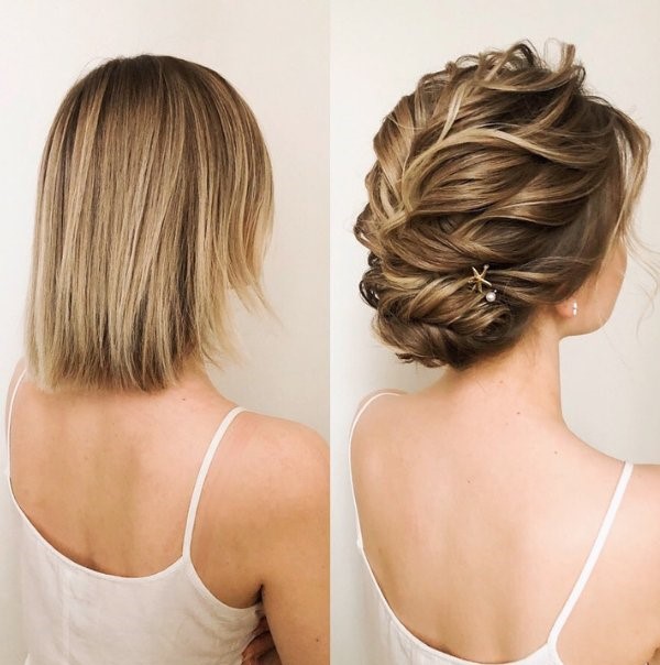 The bob is a beautiful short hairstyle for a wedding with its own right but with a few twists braids and decorative pins it may become very stunning.