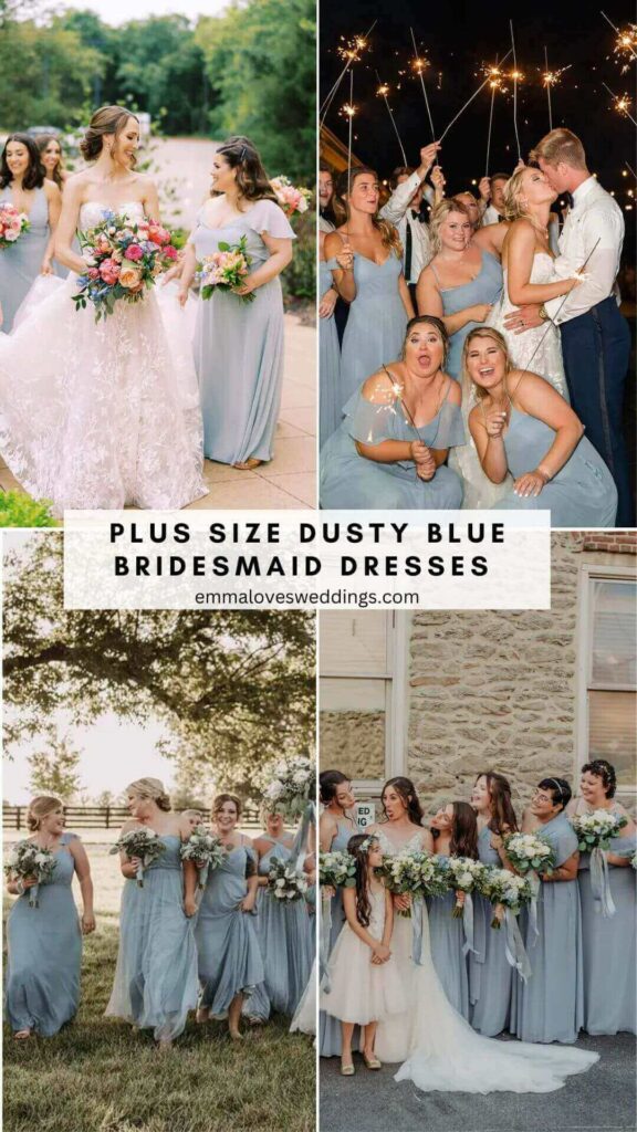 The color dusty blue is flattering on both slim and curvy figures making it a fantastic choice for a plus size bridesmaid dress.