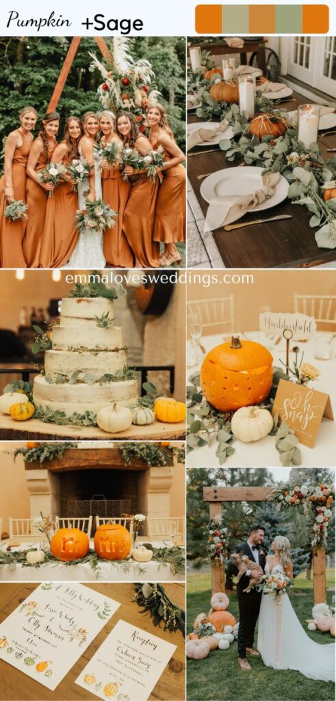 The combination of pumpkin and sage green is stunning for October fall wedding colors.