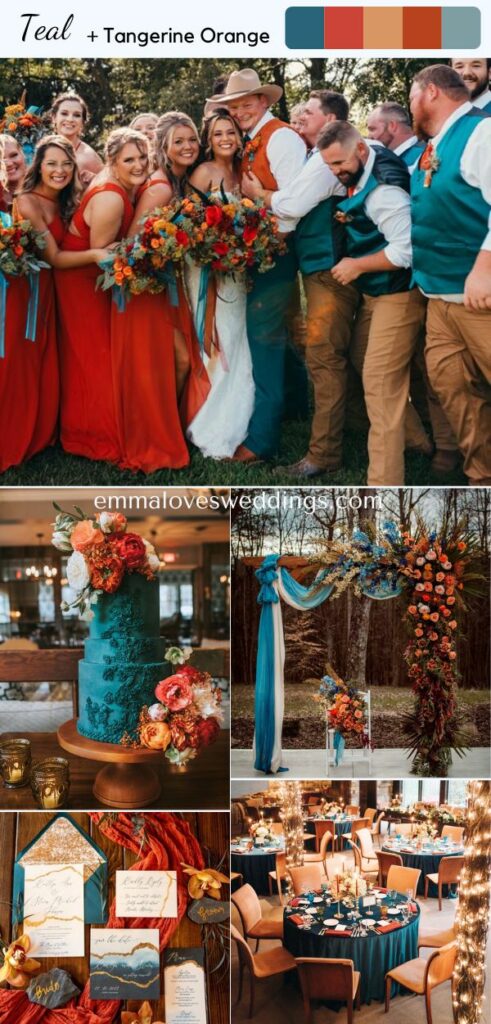 The combination of teal and tangerine orange is a stunning idea for a wedding in the fall.