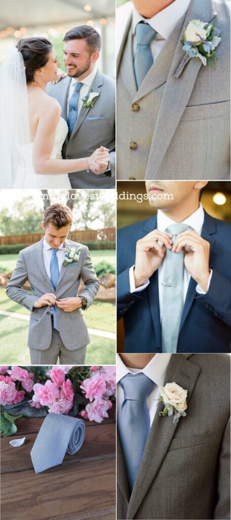 The dusty blue tie looks stunning when paired with white light ivories and grays because of the color's vintage and romantic undertones.