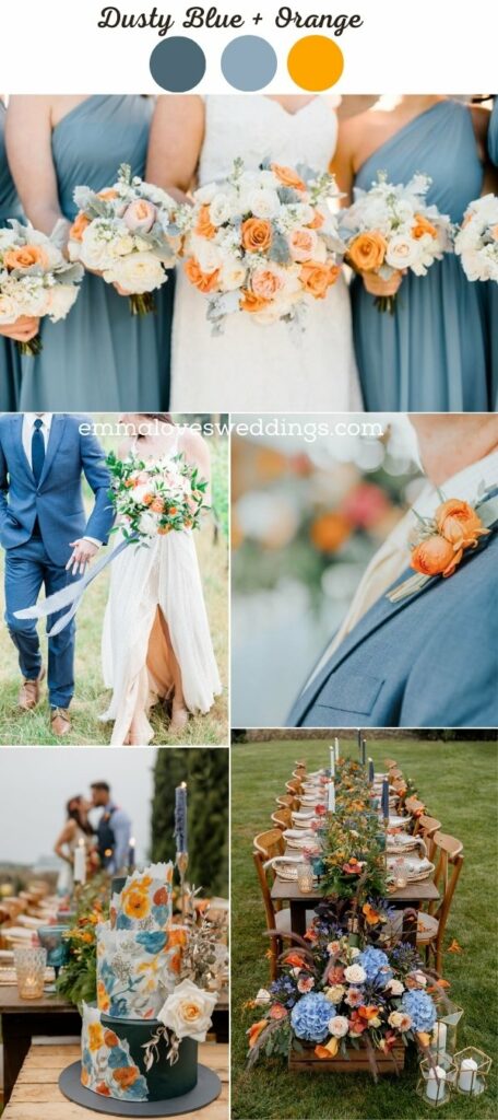 The wedding colors of dusty blue and orange are just gorgeous the ideal balance of warmth and coolness.