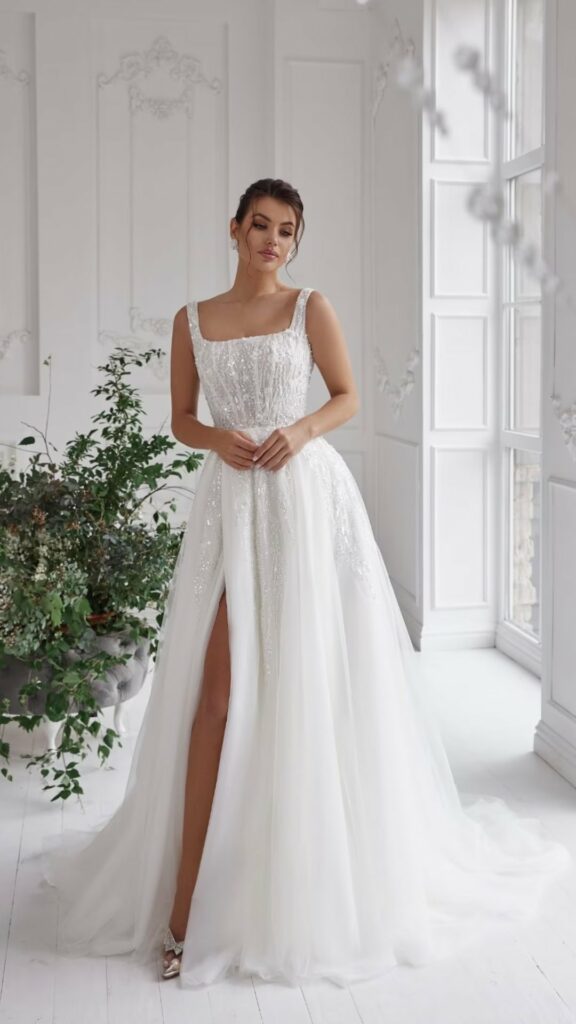 This A-line dress with a square neckline is a favorite among modern brides because of its simple elegant design.