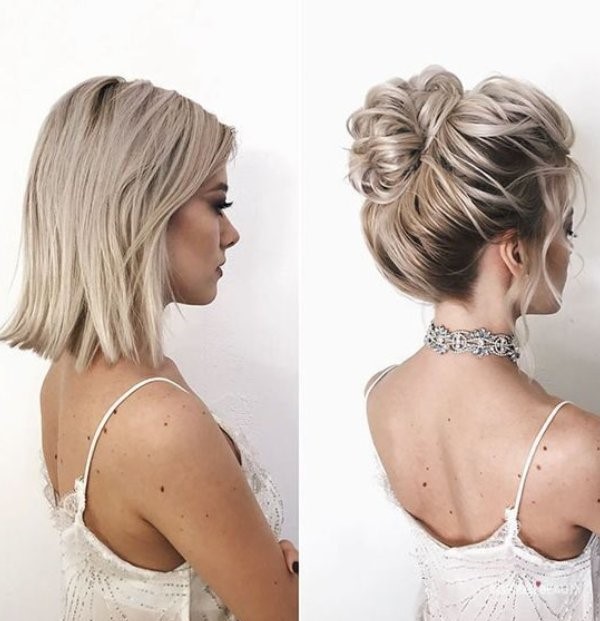 This bun wedding hairstyle for short hair looks lovely without any embellishment but you can always add some flower pins to the side if you prefer.