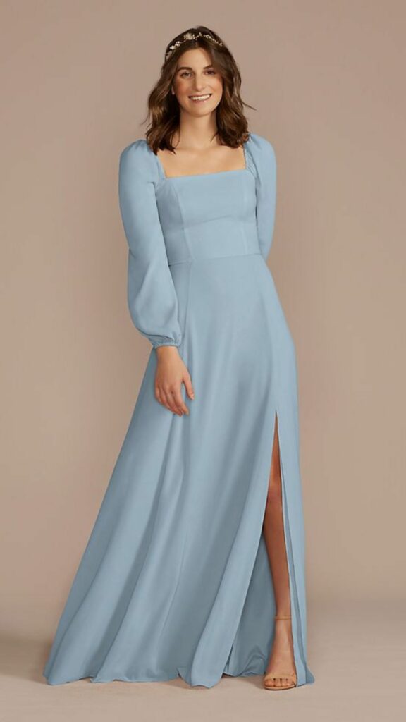 This long sleeve dusty blue bridesmaid dress in chiffon gives off boho vibes