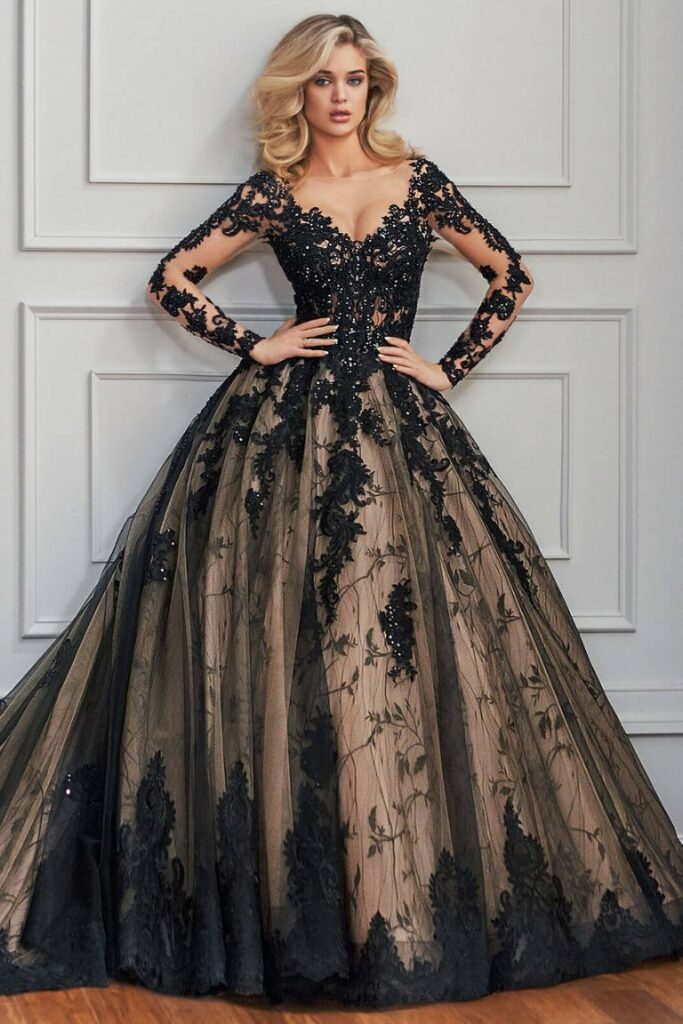 This princess-worthy sexy black wedding dress with a v-neck and allover lace and tulle will make your special day feel like something out of a fairy tale.