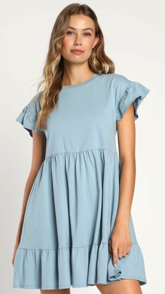 This short bridesmaid dress in dusty blue features a crew neckline and flutter sleeves making you seem really adorable.