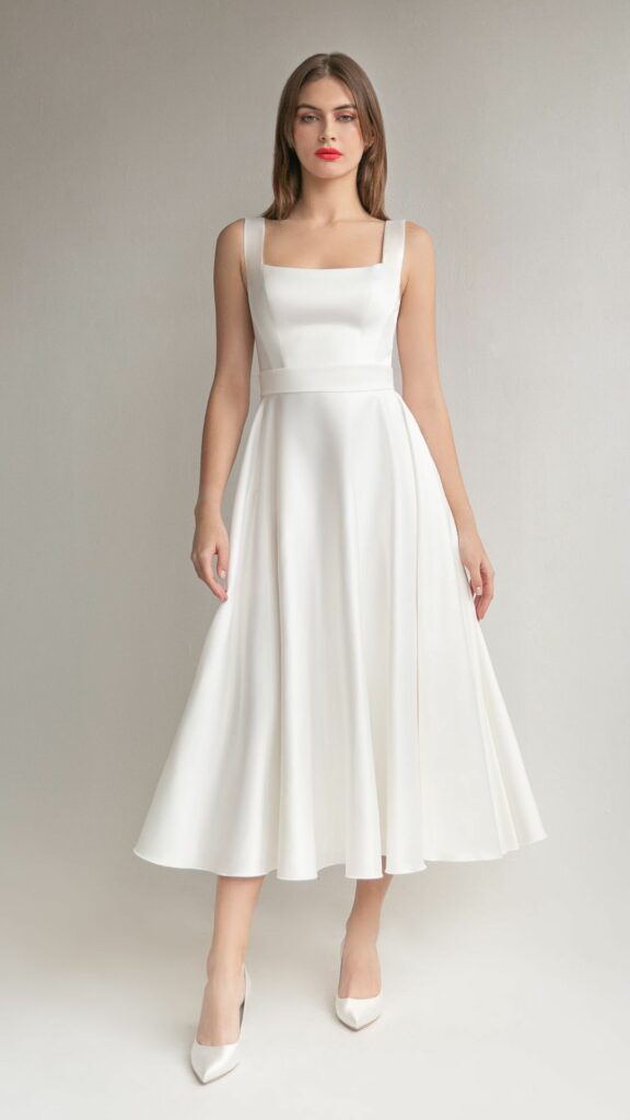 This tea length A line square neck wedding dress with pockets and back lacing is perfect for minimalist brides.