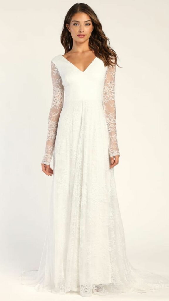 V neck A line wedding dress with white lace long sleeve will make sure you look even more special