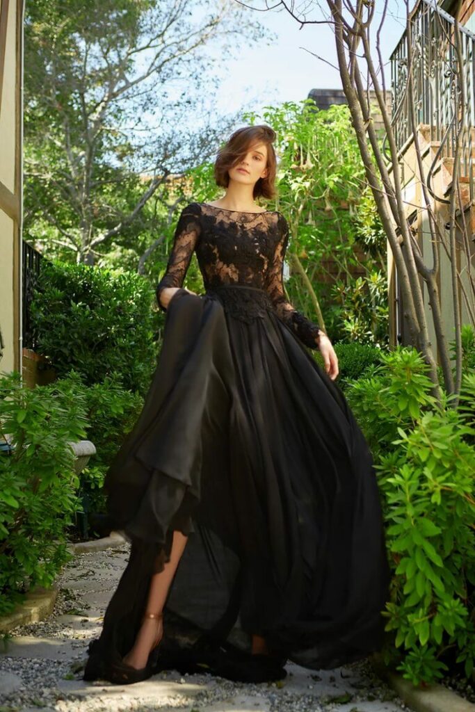 Wedding dress in black silk chiffon and sexy lace top with delicate floral appliques.
