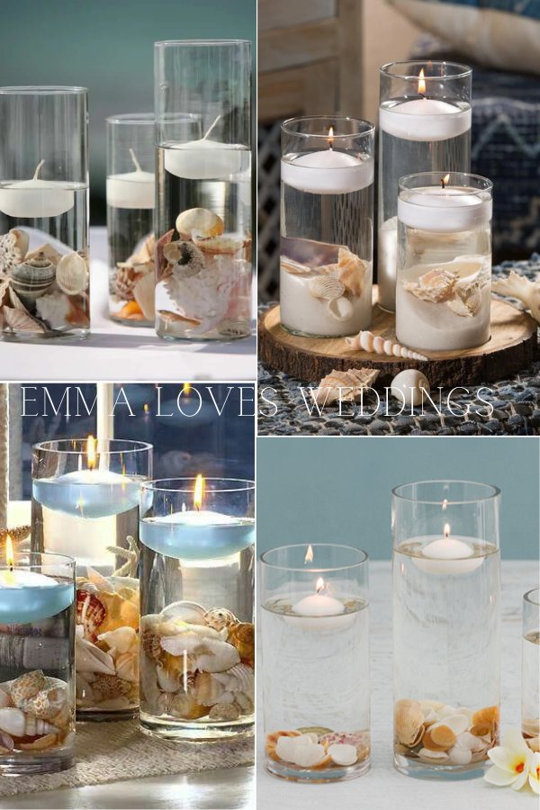 Add a touch of coastal charm to your ocean themed wedding with a stunning seashell and floating candle centerpiece perfect for creating a serene and romantic ambiance